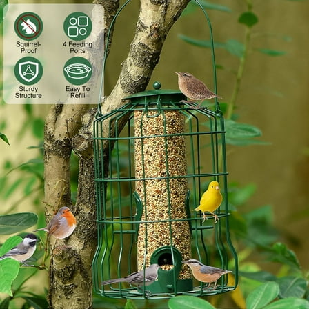 Wild Bird Feeder for Outdoor Hanging Squirrel Proof Metal Cage Bird Feeder with 4 Feeding Ports for Outdoor Garden
