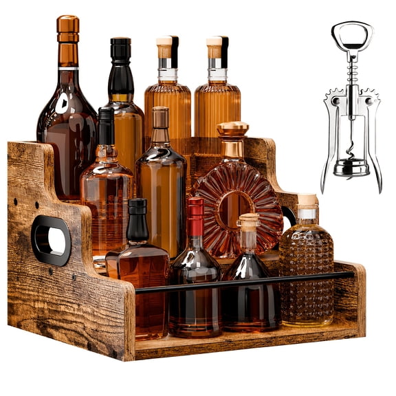 3-Tier Countertop Liquor and Wine Rack   Bottle Opener, Solid Wood Liquor Bottle Display Shelf, Coffee Syrup Rack Organizer, Bar, Liquor Cabinet