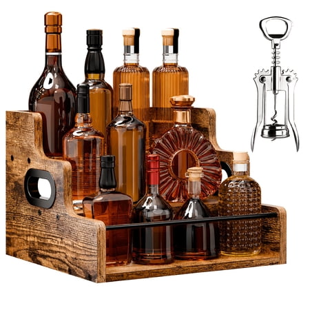 3-Tier Countertop Liquor and Wine Rack + Bottle Opener Solid Wood Liquor Bottle Display Shelf Coffee Syrup Rack Organizer Bar Liquor Cabinet