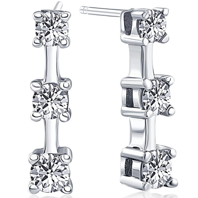 Boucles d'Oreilles Diamant Trois Pierres 14K Or Blanc