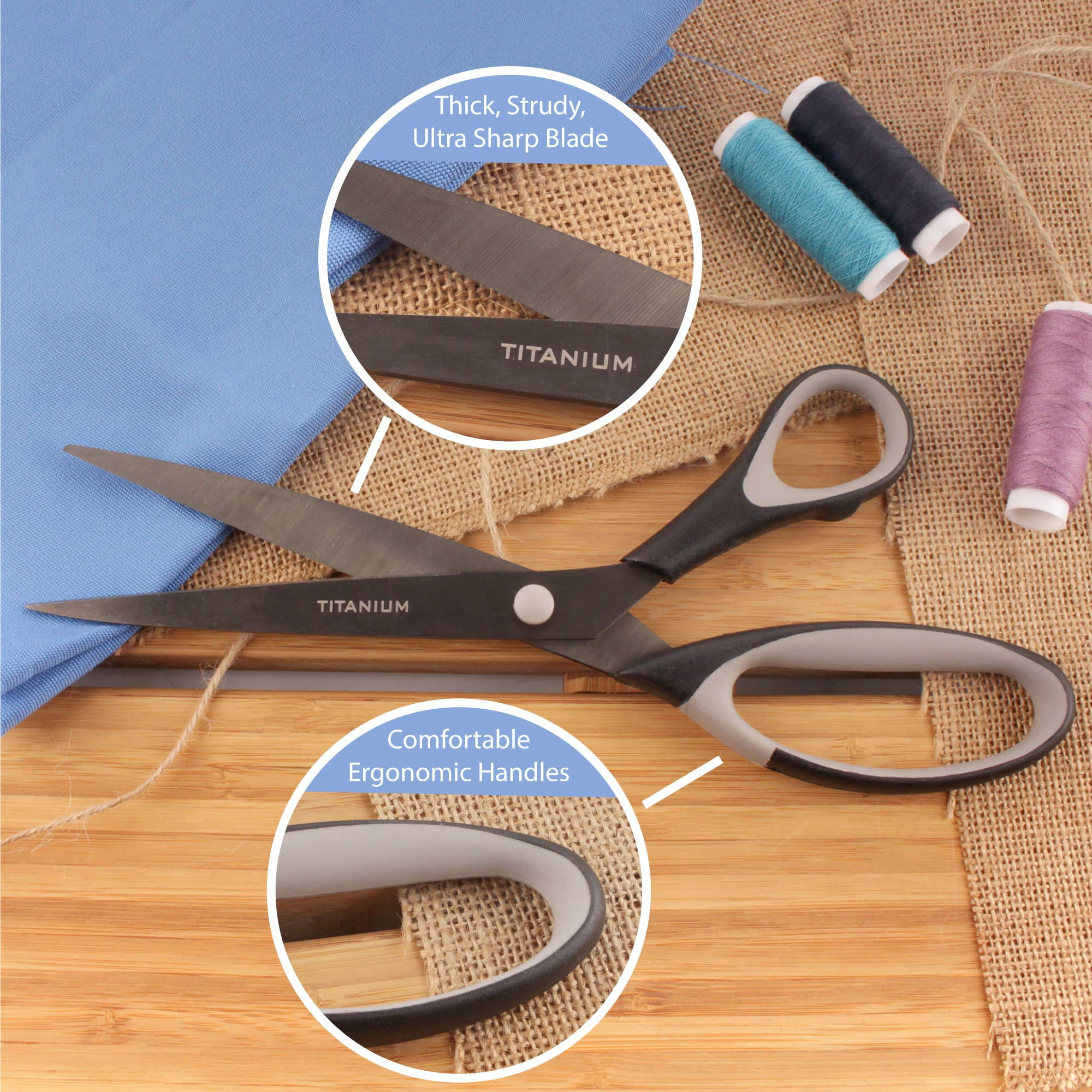 BambooMN Titanium Softgrip Scissors Set - Pinking, Sewing, Arts, Crafts, Office - 1 Set of 4 - Black w/Dark Grey Inlays