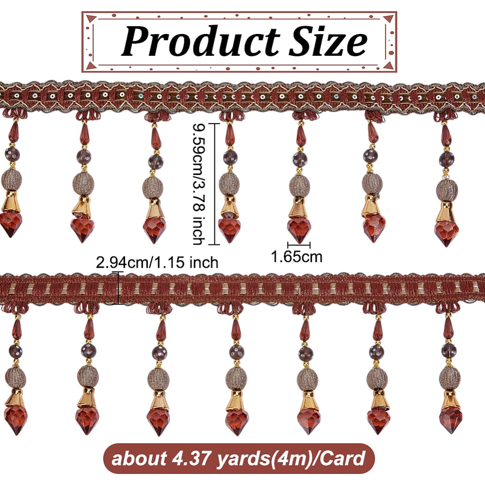 4M Polyester Fringe Lace Ribbon Glass Beads Tassel Trimming for Curtain Home Decoration Sandy Brown 5-1/8 inch(130mm) DIY