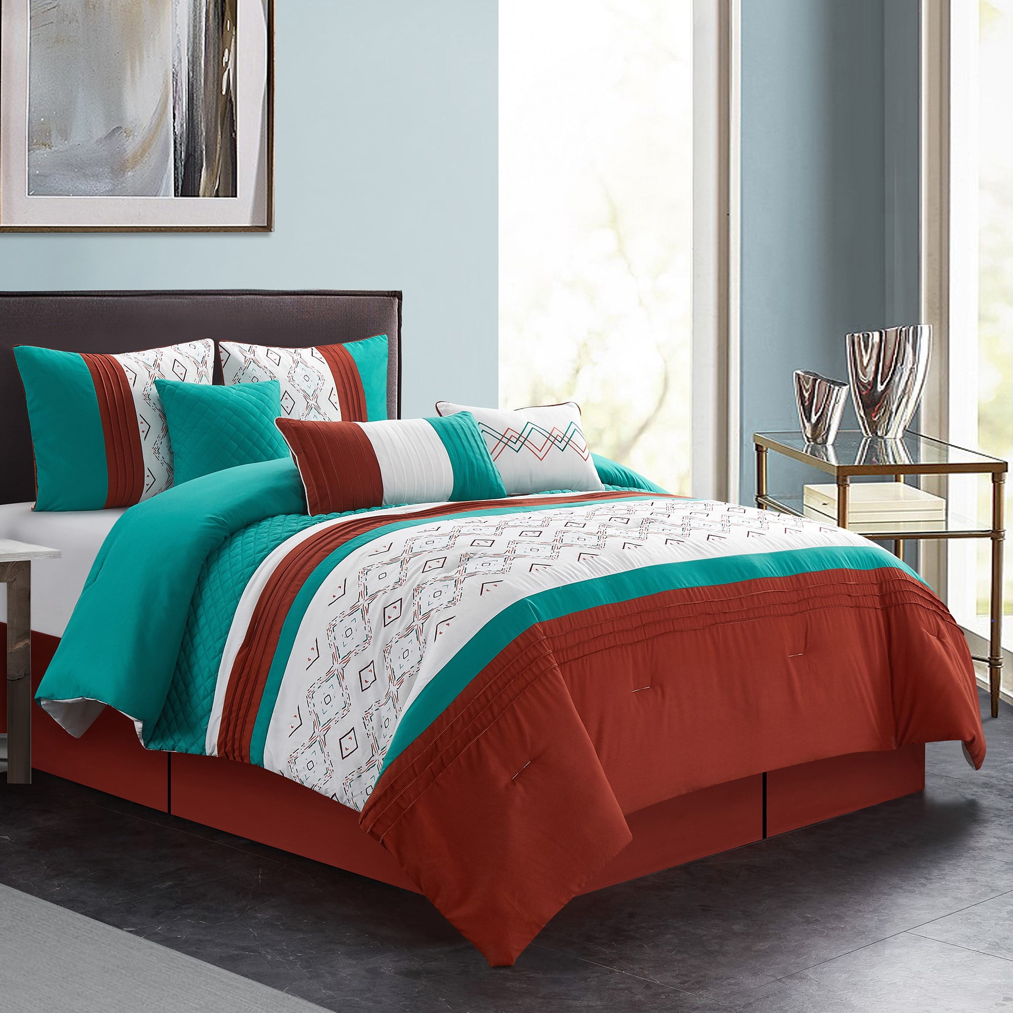 7 Piece Bedding Comforter Set Luxury Bed In A Bag, Queen,Teal