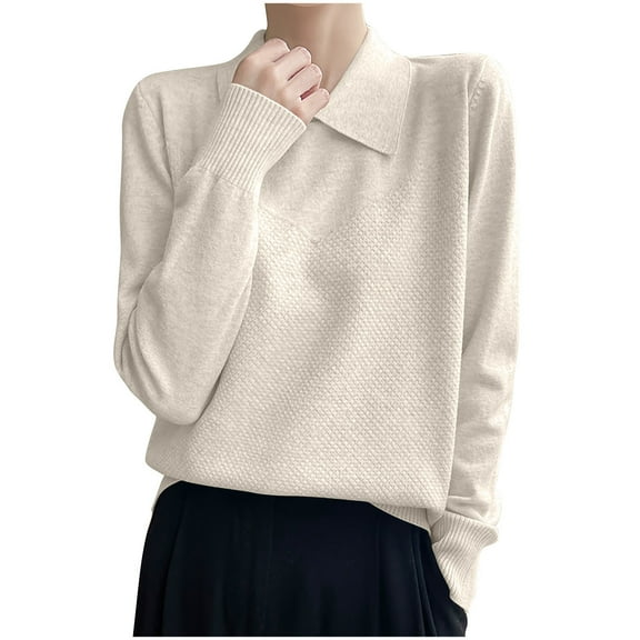 Fmbrln Womens Solid Basic Knitted Sweaters Fall Winter Fashion Long Sleeve Turndown Collar Sweaters Tops Loose Comfy Pullover Sweaters Beige 2XL