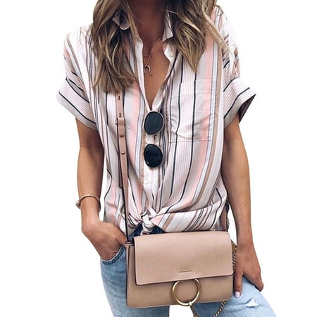 711ONLINESTORE Women Short Sleeve Stripeed Button Down Front Pocket Top