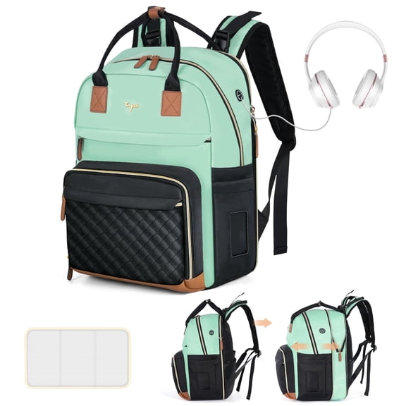 Leke Green Black 25-37L Expandable Extra Large Diaper Backpack, Baby Bag with Changing Pad & Earphone Hole for Twin Newborn Toddler Parents