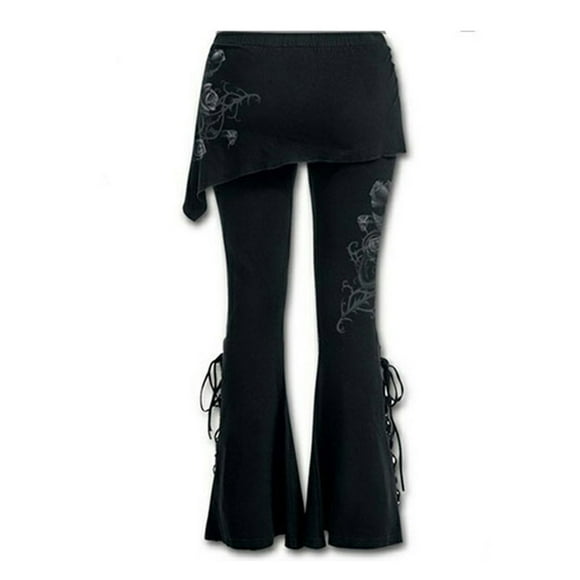 Women Black Embroidered Casual Bandage Flares Punk Lace Up Bell Bottom Leggings