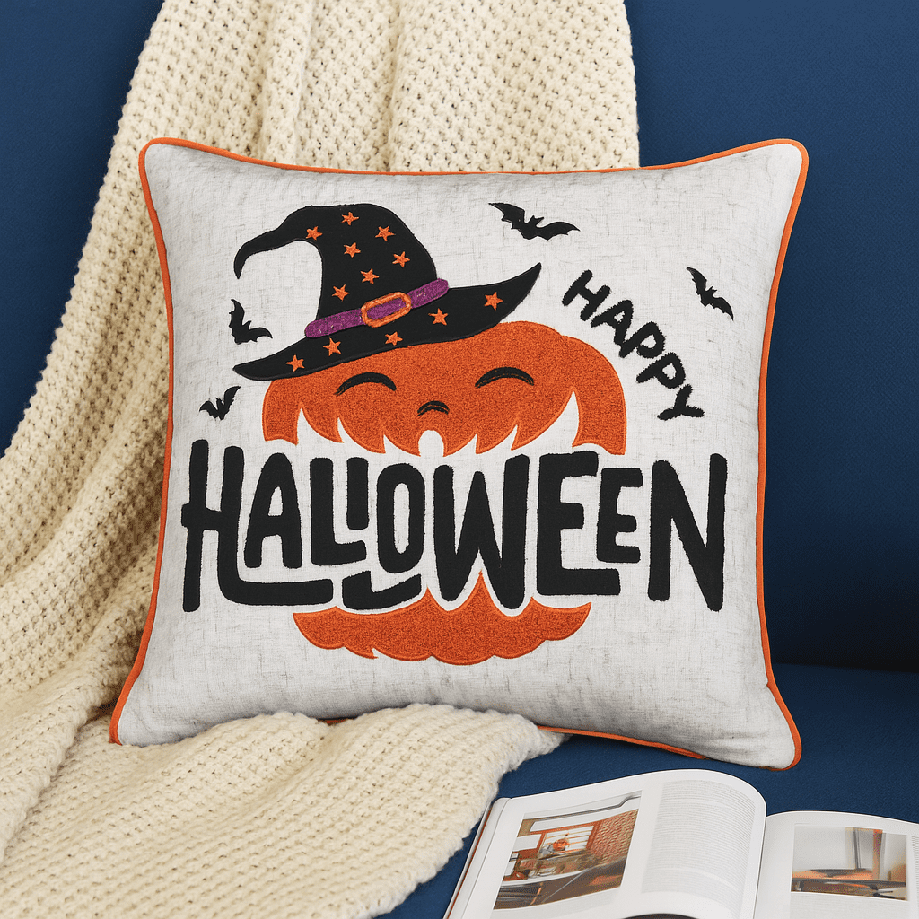 Happy Halloween Embroidered Throw Pillow 20x20 Inch with Pumpkin Witch Hat Bats for Sofa Bed Seasonal Decor