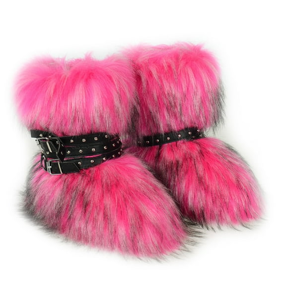 Women Winter Warm Fluffy Faux Fur Mid-Calf Snow Boots Y2K Non-slip Plush Short Boots with Belts