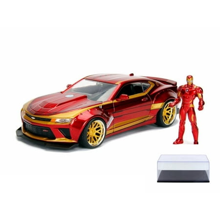 Diecast Car & Display Case Package - 2016 Chevy Camaro SS with Iron Man Figure, Avengers - Jada 99724 - 1/24 Scale Diecast Model Toy Car w/Display