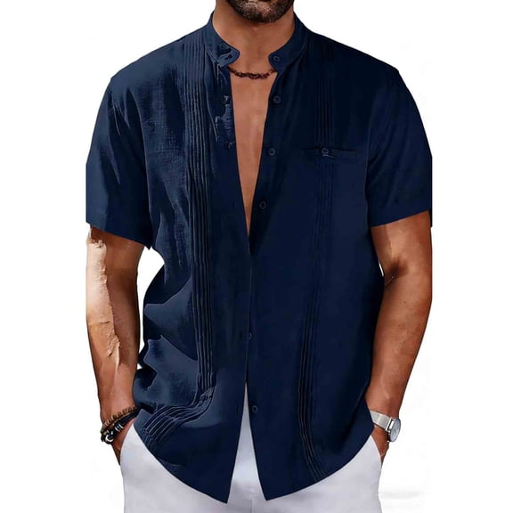 QTBIUQ Mens Button Down Shirt Short Sleeve Solid Color Crew Neck Stripe Pullover Top Casual Breathable Blouse Summer Tee Shirt Navy