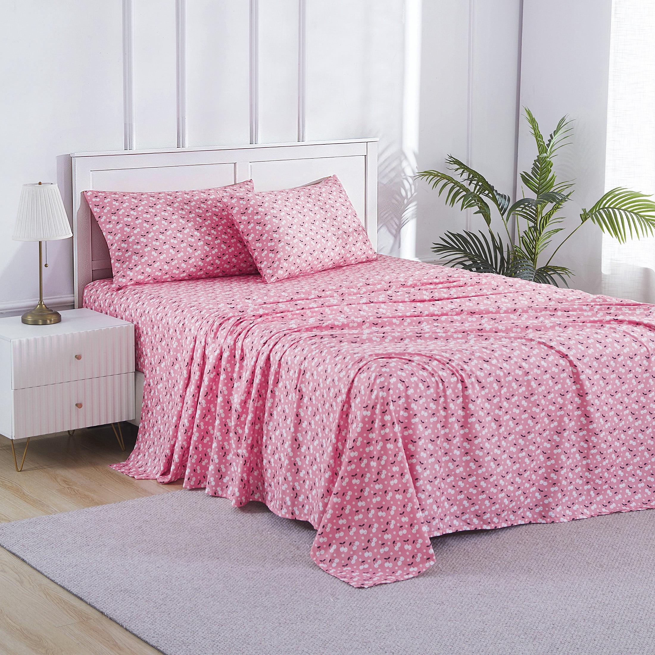 Summerween Soft Microfiber Sheet Set, Pink & White Skull Cherries, Full