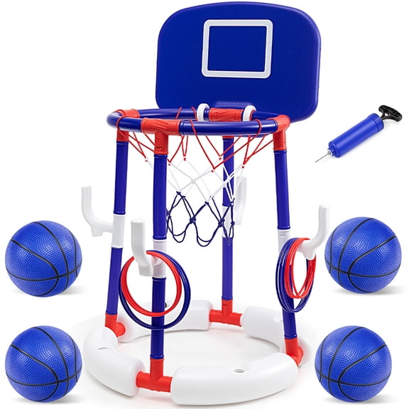 ALLJOY Pool Basketball Hoop, 2-in-1 Floating Pool Toys Ring Game with 4 Balls and Pump, Outdoor Swimming Pool Basketball Games Water Play Toy Family Party (Blue)