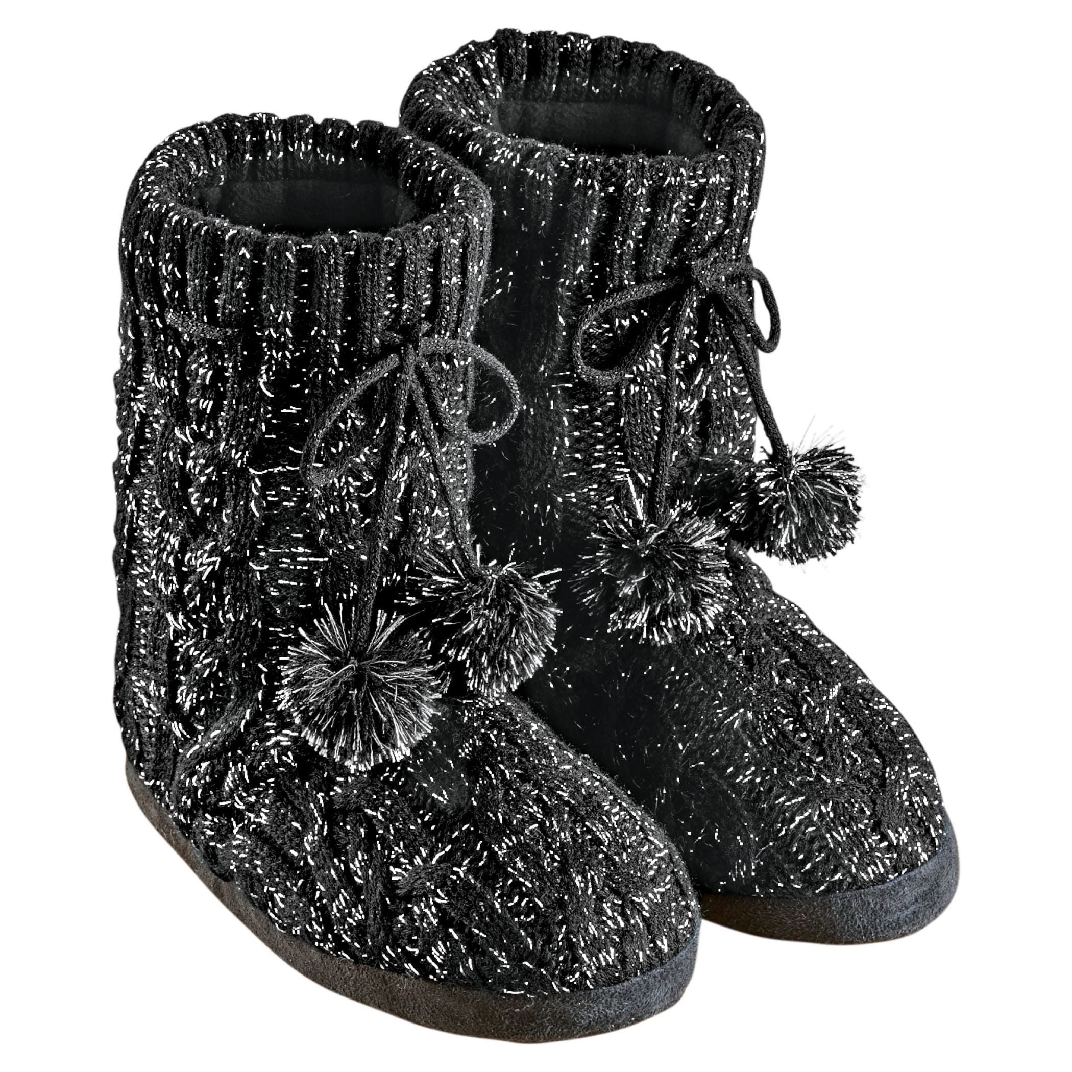 Collections Etc Lurex Cable Knit Slipper Boots with Fleece Lining Fun Pom Poms Extra Warm and Flexible Mid Calf Black Large