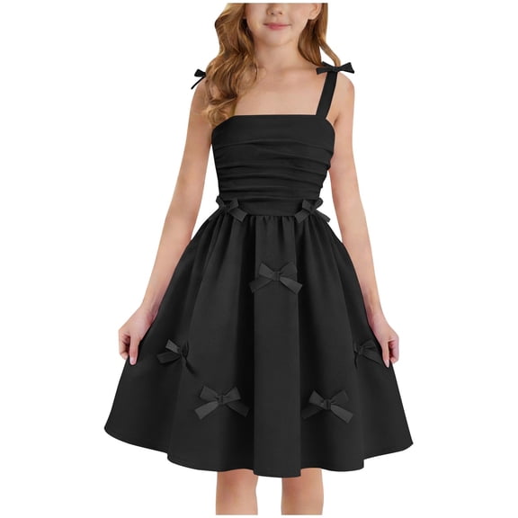 Posijego Girls Party Dresses Spaghetti Strap Bow Front A-Line Dresses Birthday Party Valentine's Day Midi Dresses