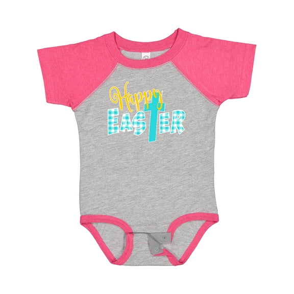 Inktastic Happy Easter with Cross in Teal Plaid Boys or Girls Baby Bodysuit