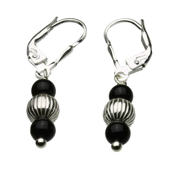 Sterling Silver Leverback Earrings Corrugated Beads Black Onyx