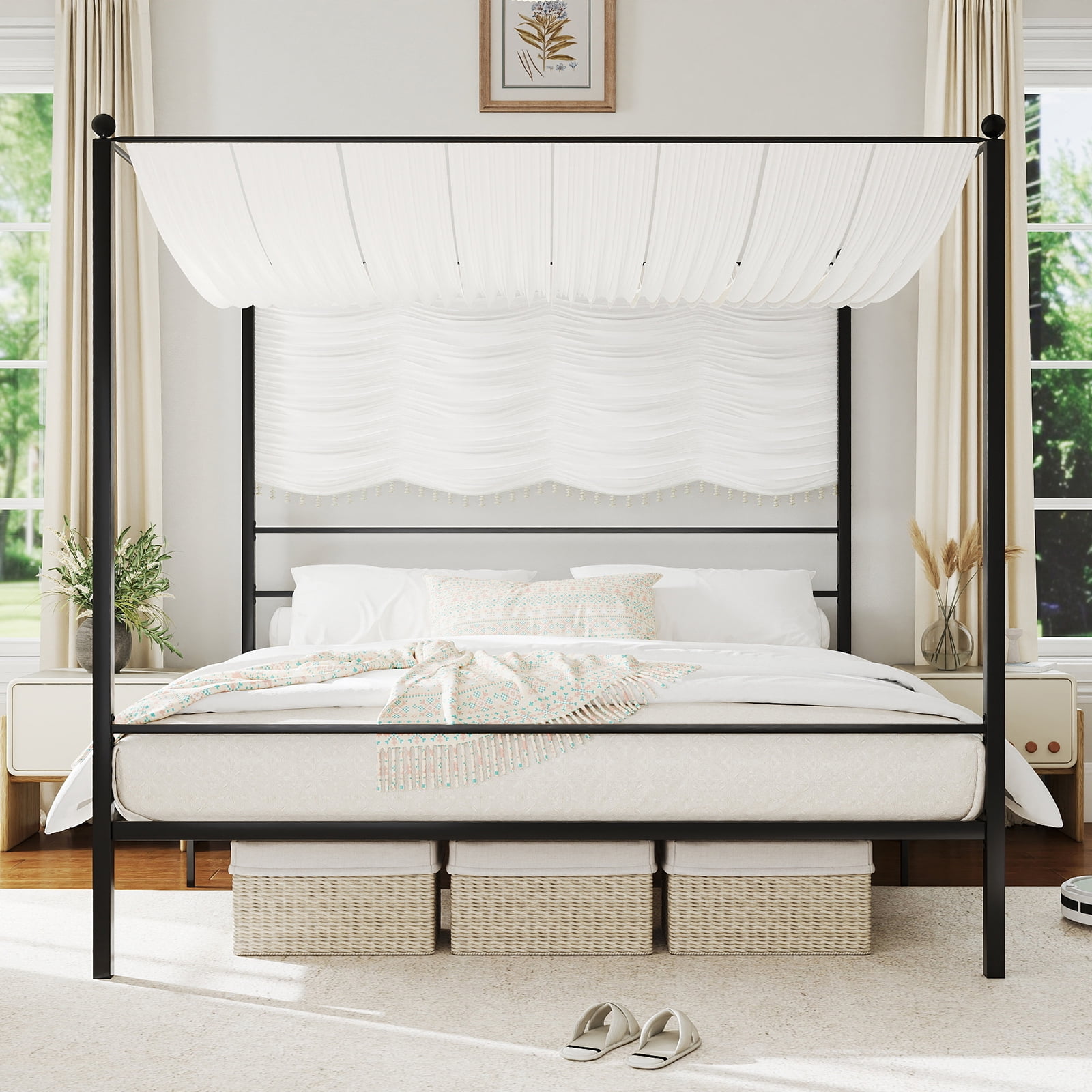 Gymax King Metal Canopy Platform Bed Frame Mattress Foundation w/ Slat Support