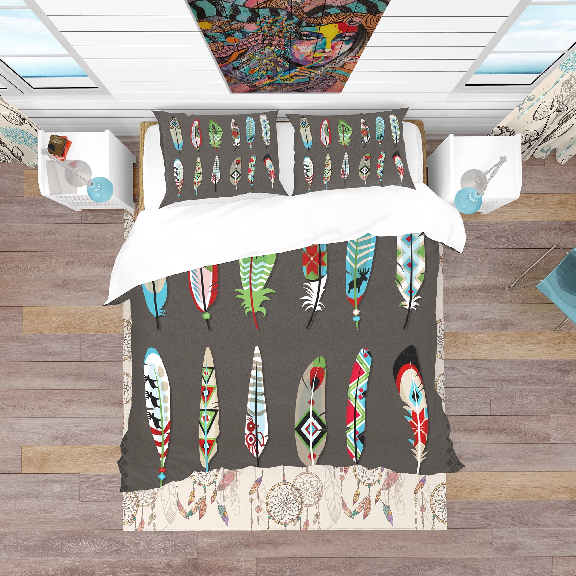 Designart 'Feathers Painted with Colorful Ethnic Pattern' Southwestern Duvet Cover Set