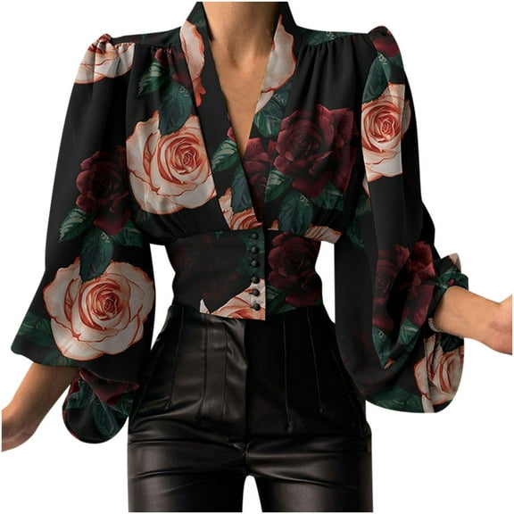 IROINNID Deals Womens Plus Size Tops Spring Lounge Solid And Printed V-Neck Lantern Long Sleeve Buttons Pullover Blouse Shirt Draw Back Short Tops,Pink