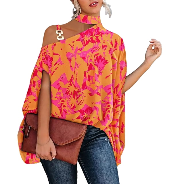 Blusa holgada de gran tamaño con estampado de moda y cuello alto para mujer, camisa informal holgada para uso diario al aire libre, estampado naranja L