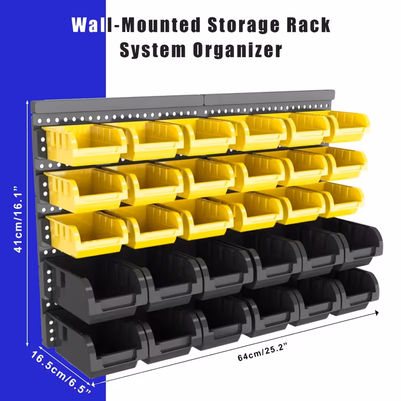 Wall-Mounted Storage Rack System with Bins and Brackets - 30 Pcs Heavy Duty Garage & Workshop Tool Organizer, Stackable for Screws, Nuts, Bolts, Nails, Beads & Small Hardware, Easy Installation