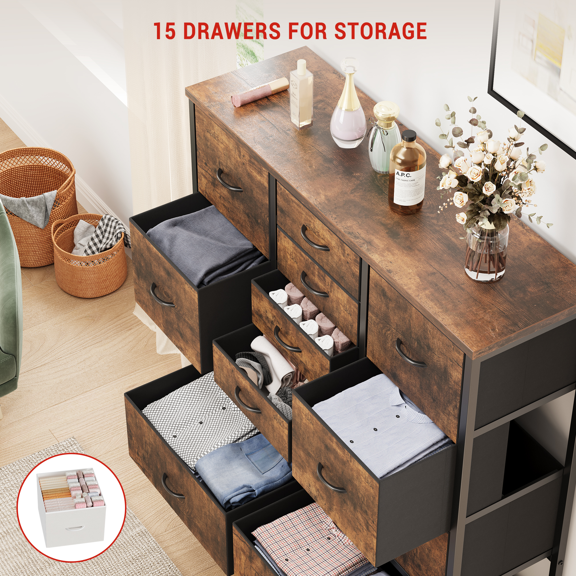 Towallmark 48" H Tall Dresser with 15 Drawers Dressers for Bedroom Fabric Storage Dresser & Chest of Drawers(Brown)