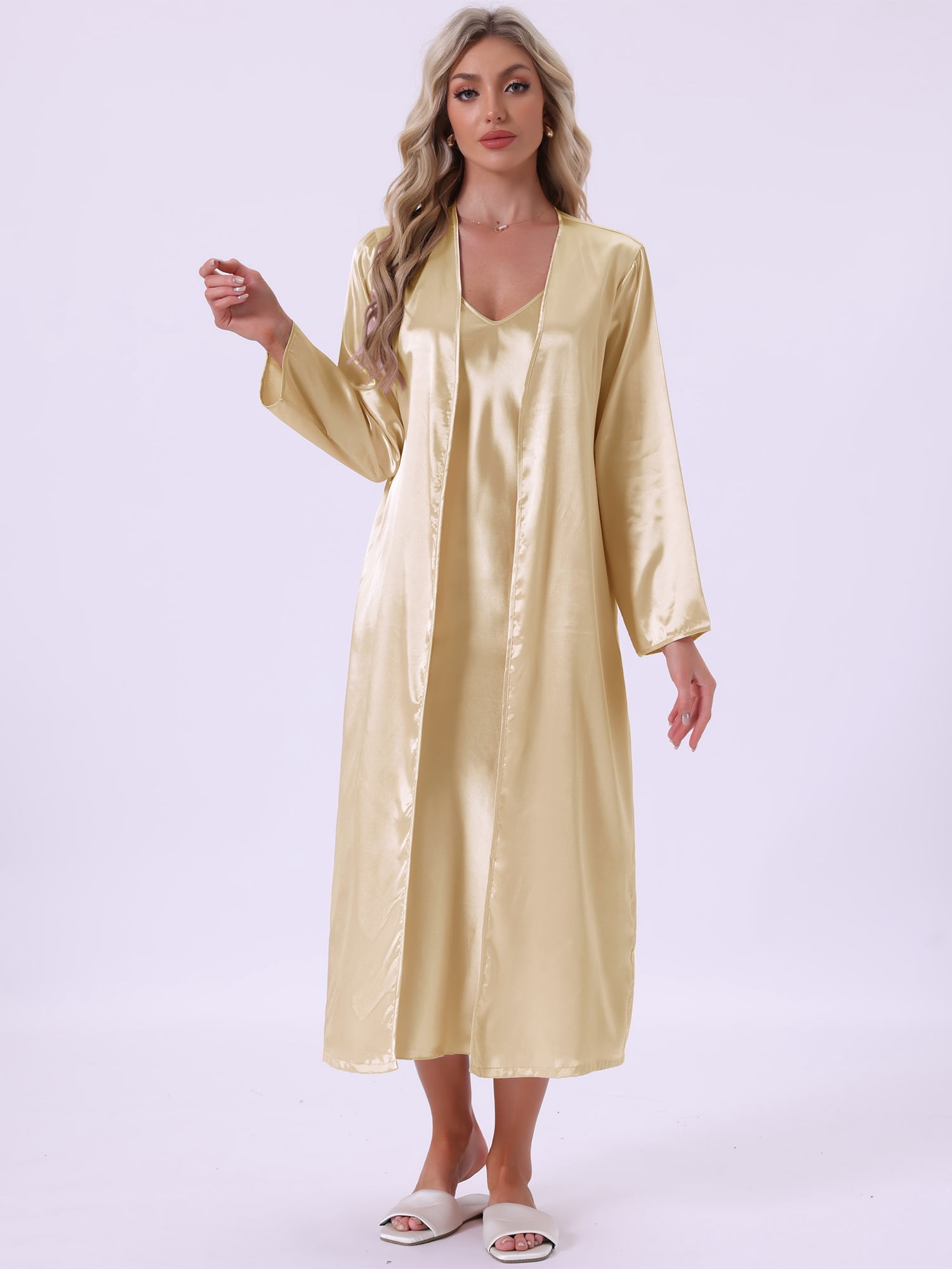 DARING DIVA Women's 2pcs Satin Silky Soft Midi Camisole Robe Set S Gold