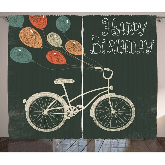 Bicycle Curtains 2 Panels Set, Retro Style Composition with Bike Ballons and Happy Birthday Quote Party Theme, Window Drapes for Living Room Bedroom, 108"W X 63"L,Multicolor, by Ambesonne