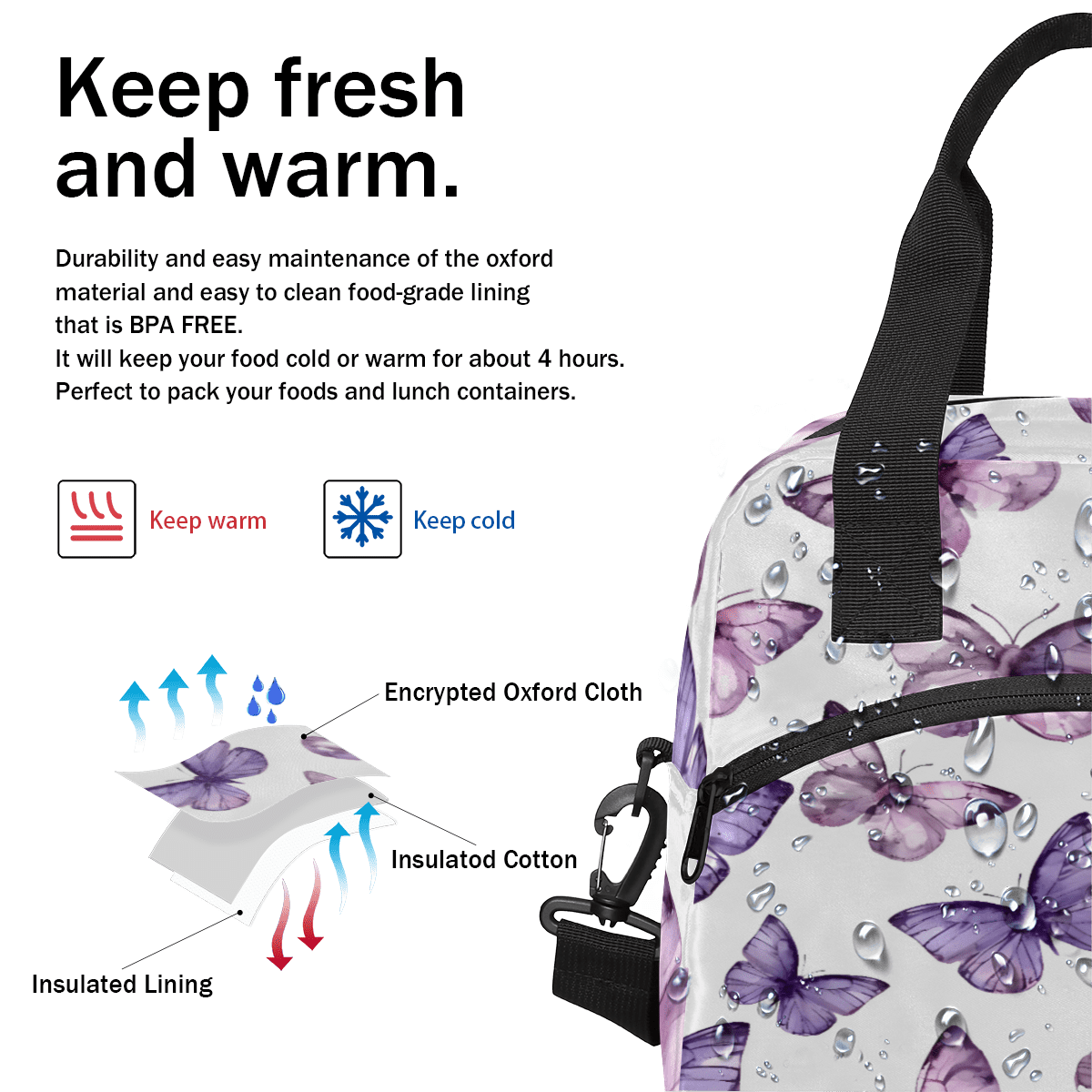 Herdesigns Butterfly Insulated Lunch Bag for Women Men Adults Large Reusable Lunch Box Leakproof Portable Cooler Tote Bags with Adjustable Shoulder Strap