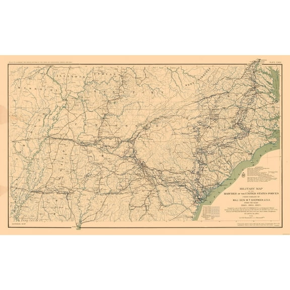 Historical Civil War Map - General Sherman Marches 1863 1865 - Bien 1894 - Vintage Wall Art