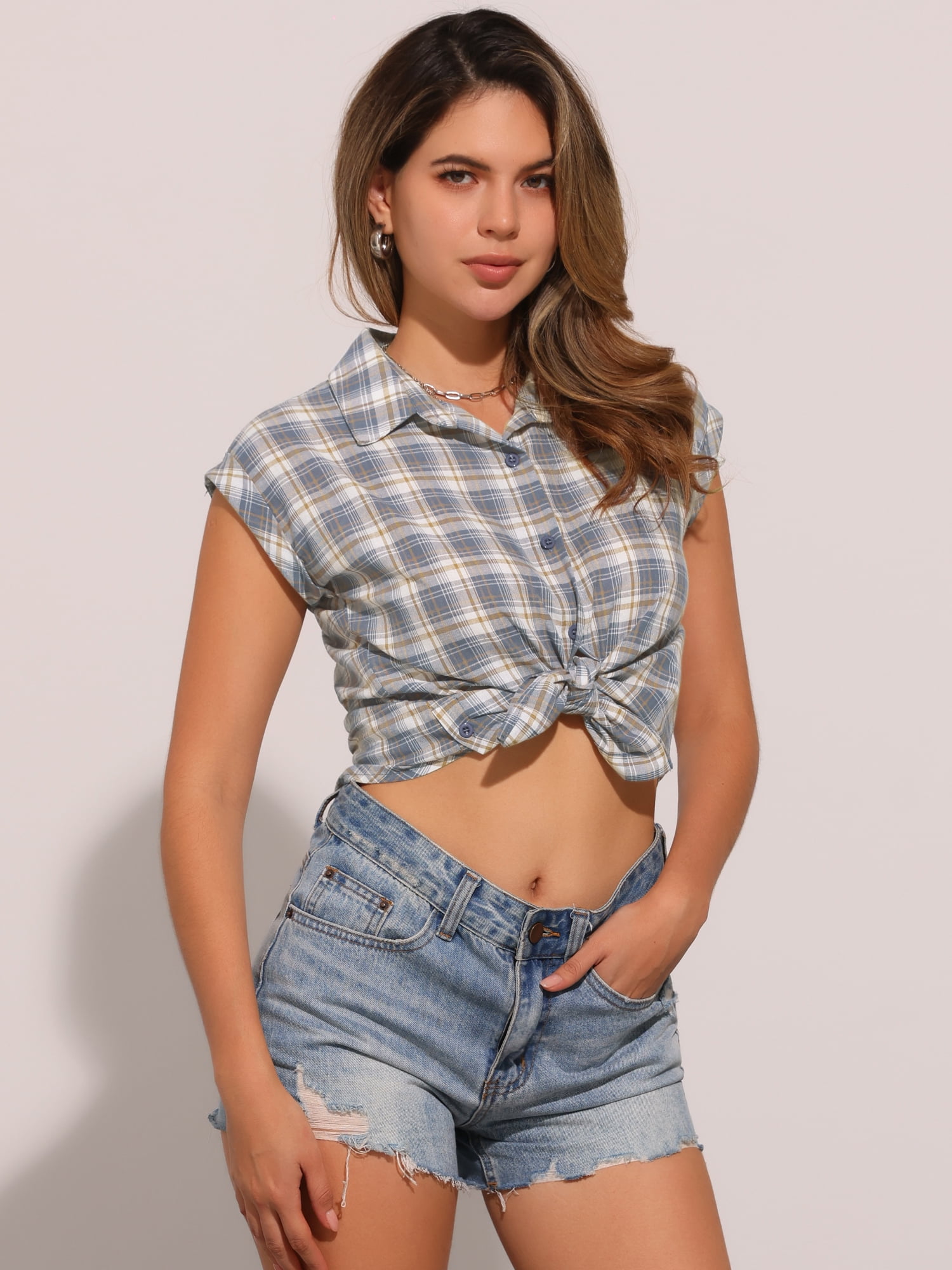DARING DIVA Women's Summer Plaid Short Sleeves Button Down Tops L Grey Blue
