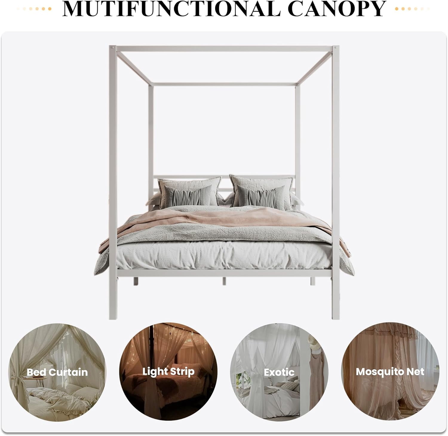 SHA CERLIN Queen Size Canopy Bed Frame with Metal Slats Support, White