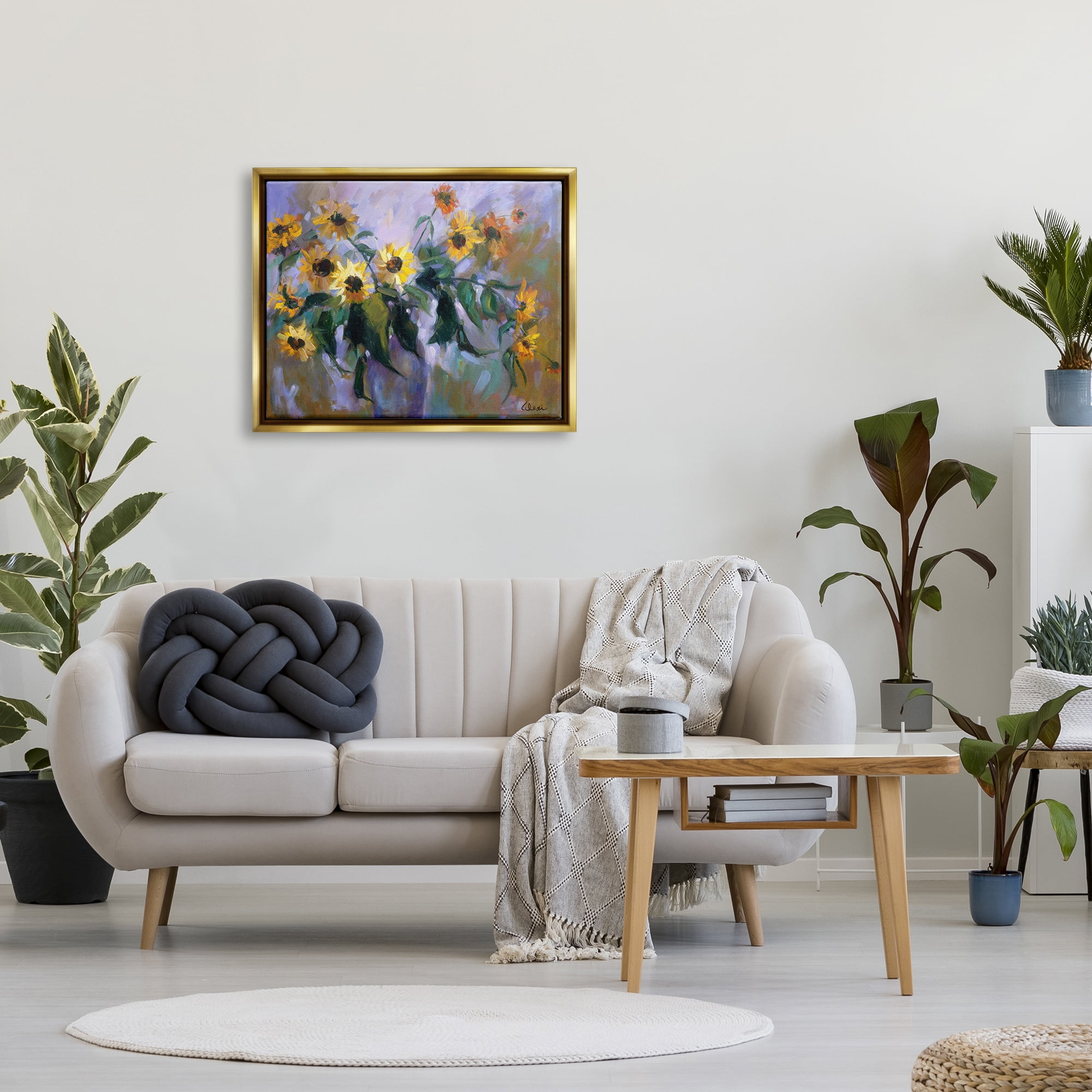 Stupell Industries Purple Sunflowers Painting Botanical & Floral Painting Gold Floater Framed Canvas Art Print Wall Art, 31 x 25