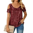 thumbnail image 2 of Yeaiivve Women Sequin Tops Trendy Cold Shoulder Short Sleeves Sparkly Tshirts Crewneck Loose Comfy Glitter T-Shirt Dressy Party Clubwear Wine,L, 2 of 7