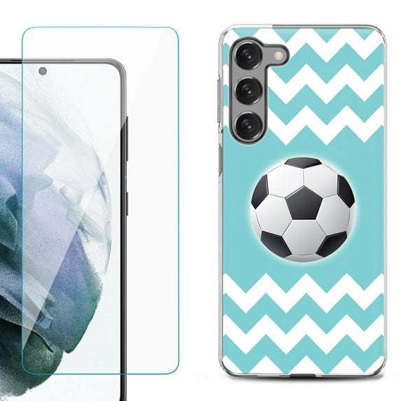 Shockproof Fashion Phone Case for Samsung Galaxy S23+ / S23 Plus 5G, with Tempered Glass Screen Protector, by OneToughShield ® - Chevron/Soccer