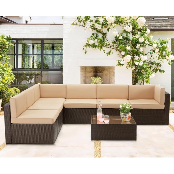 AECOJOY 7 PCS Patio Conversation Set, PE Rattan Wicker Outdoor Sectional Set with Cushions and Coffee Table, Patio Dining Set for Garden in Brown Rattan & Beige Cushion