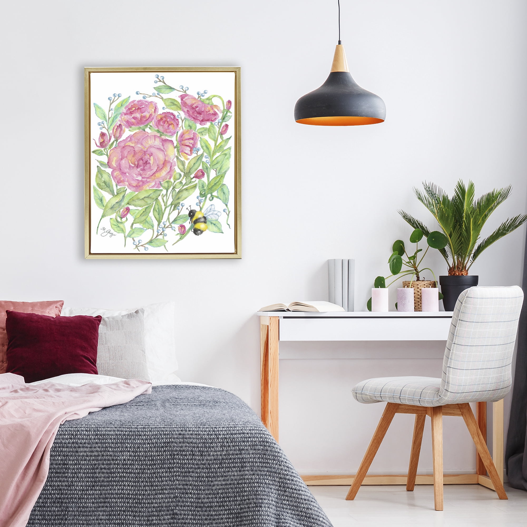 Stupell Industries Peony & Bumble Bee Gold Framed Floater Canvas Wall Art, design by Maureen Grigs