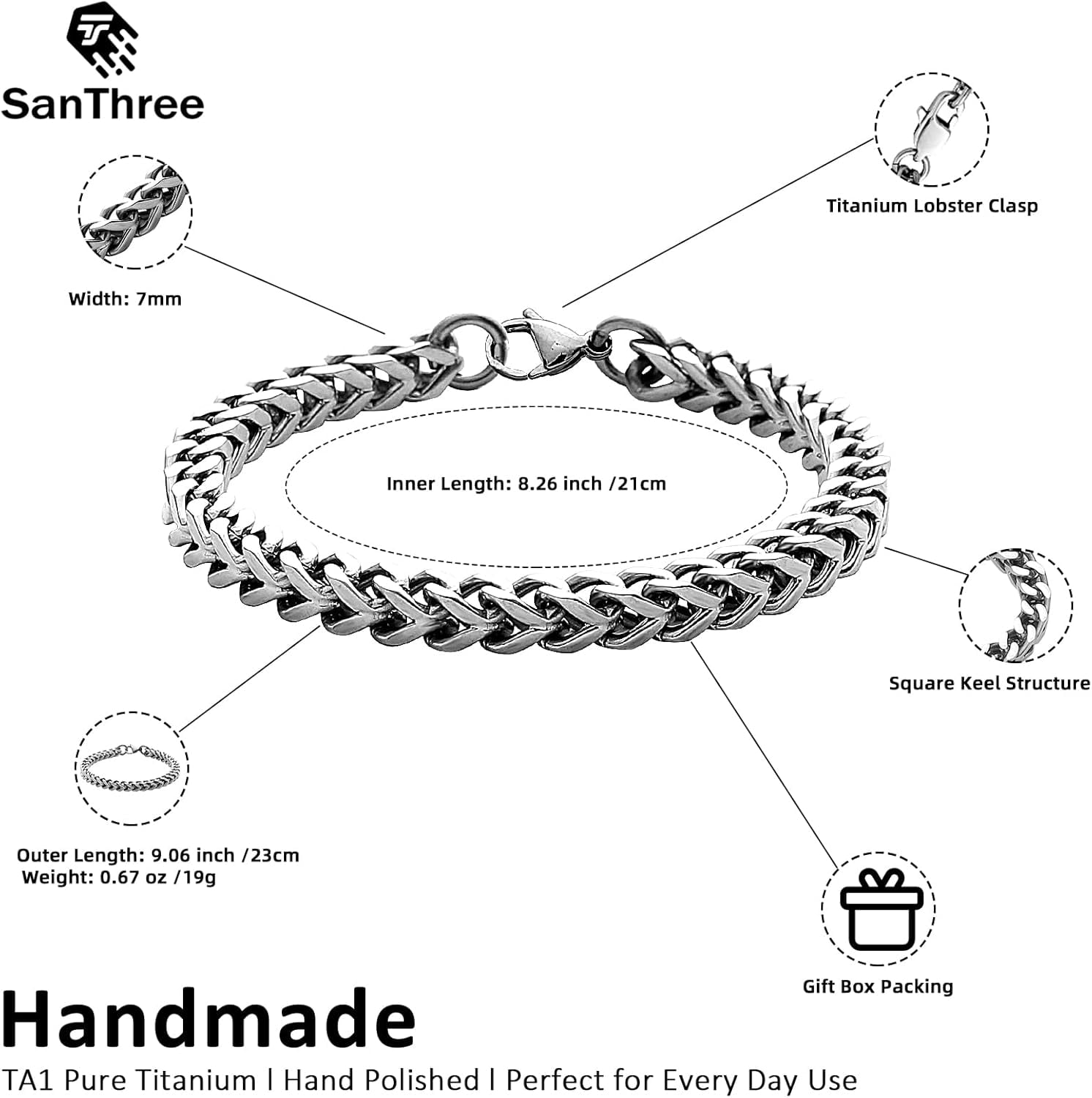 SanThree Solid Pure Titanium Link Bracelets for Men 7mm Welded Square Keel Skin Friendly Shinny Four Side Twist Bracelet Valentines Birthday Boyfriend Grandpa Father Gifts 9.05”