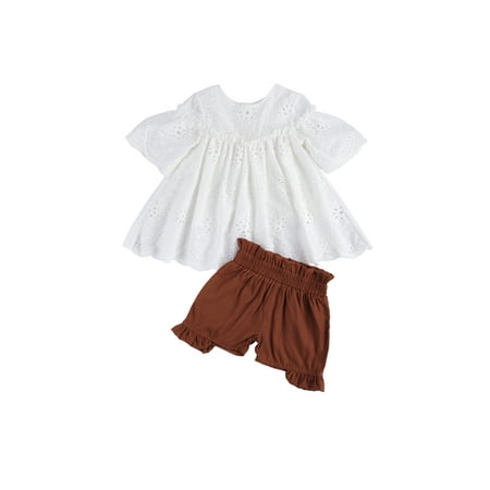 

Bebiullo Children Two Piece Set Girl Solid Color Lace Hollow Out Shirt Shorts