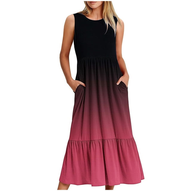 Dvkptbk Summer Robes Décontractées de Plage pour Femmes 2024 Mode Robe Dégradée Robe Midi Sans Manches Robe Évasée Robe Débardeur Robe d'Été Plissée Robe Débardeur avec Poches