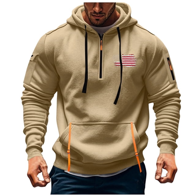 Sweat à Capuche pour Hommes, Sport Décontracté, avec Poche Imprimée et Demi-Fermeture Éclair
