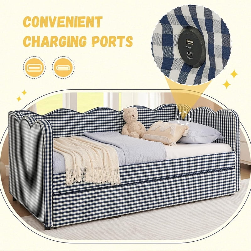 Full Size Upholstery Daybed with Trundle and USB, Full to King Design Wave Shaped Extendable Linen Sofa Bed, No Box Spring Required, for Living Room and Bedroom