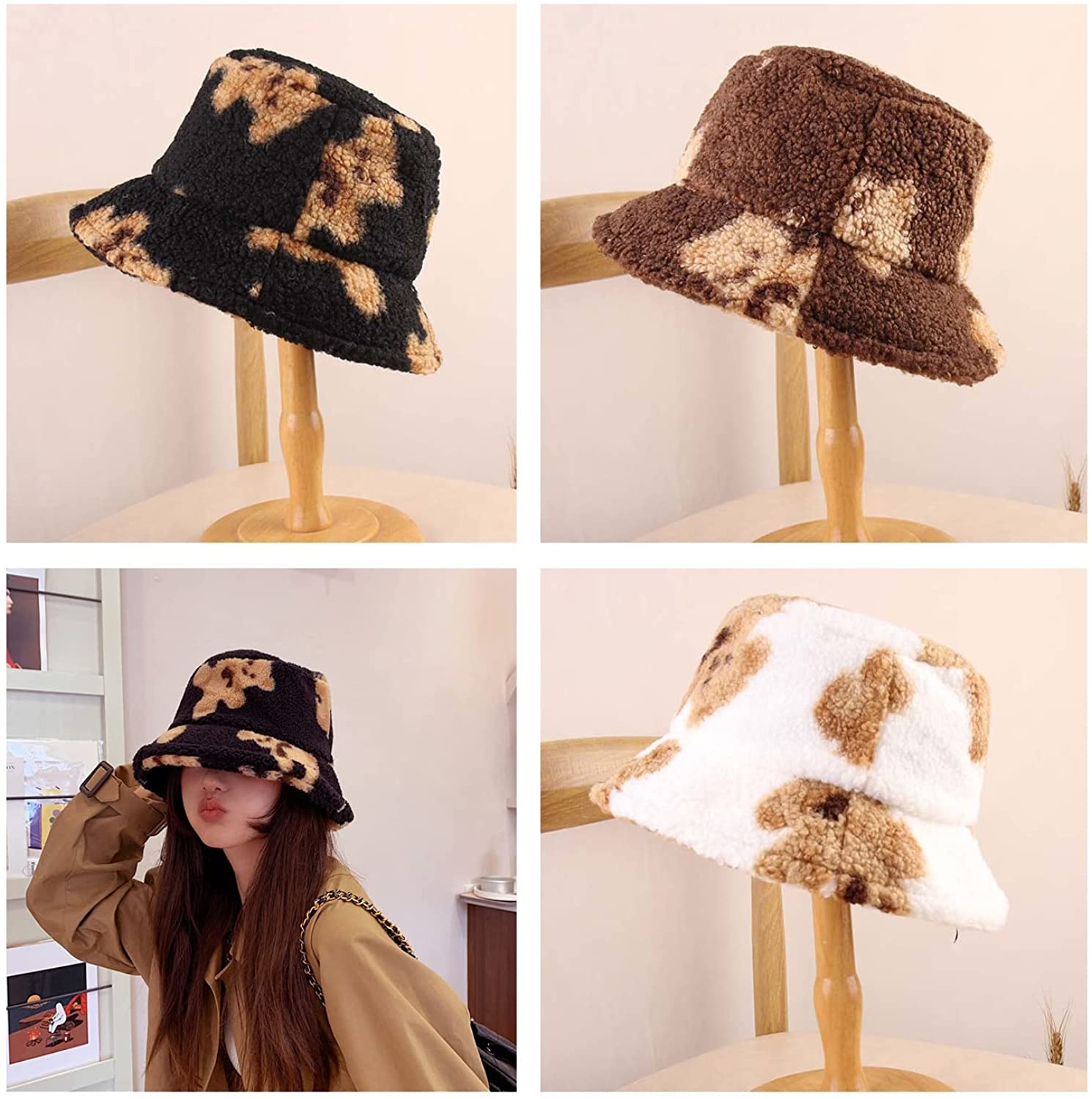 Winter Plush Bucket Hat Women Bear 