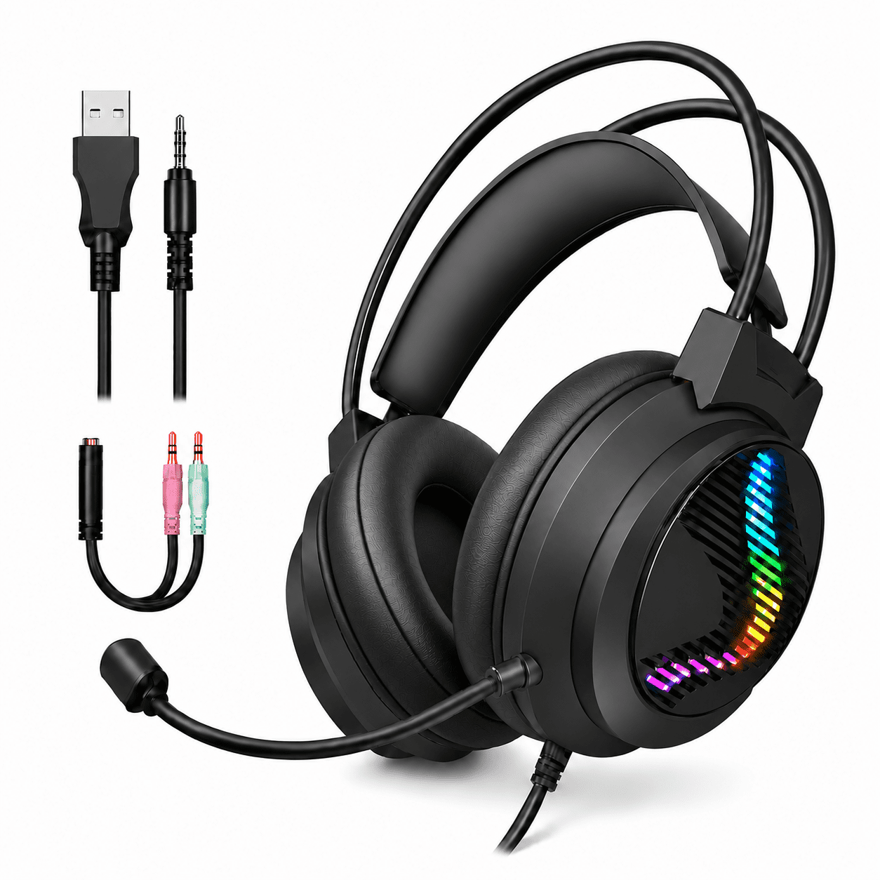 Gaming Headset with Microphone for PS4/PS5/Xbox/Switch/PC, Over-Ear Headphones, 50mm Drivers, Surround Sound, Noise-Cancelling Mic, 240g Lightweight Design, Tri-Color RGB Lighting, Wired Headset