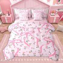 Homewish Cartoon Bowknot Ribbon 7-Piece Bedding Comforter Set,Cute Bowtie Bow King Bedding Sets,Pink Flower Floral Bed Sheets For Kids,Breathable Home Decor Reversible