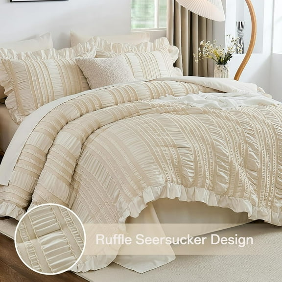 Queen Comforter Set, Beige Cute Ruffle Comforter for Queen Bed, 7 Pieces Bed in a Bag Seersucker Shabby Chic Bedding Set 90"×90"