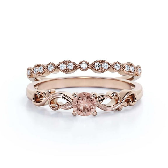 Art Nouvea Twisted 1.00 Carat Round Cut Morganite And Diamond Moissanite Engagement Ring, Antique Design Wedding Ring in 925 Sterling Silver With 18k Rose Gold Plating, Bridal Set, Matching Band