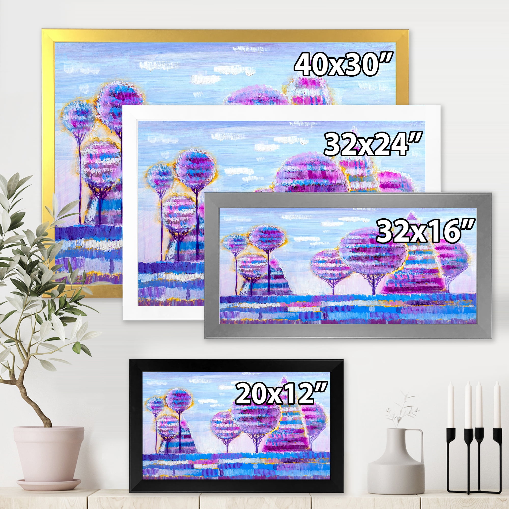 Designart 'Purple Coloured Tree Impression Landscape I' Modern Framed Art Print