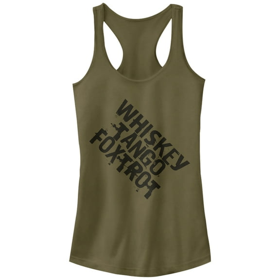 Junior's Lost Gods Distressed Whiskey Tango Foxtrot  Racerback Tank Top Military Green X Large